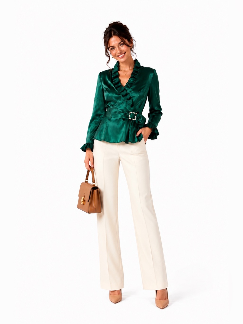 Xscape Green Ruffled Blazer with Belt